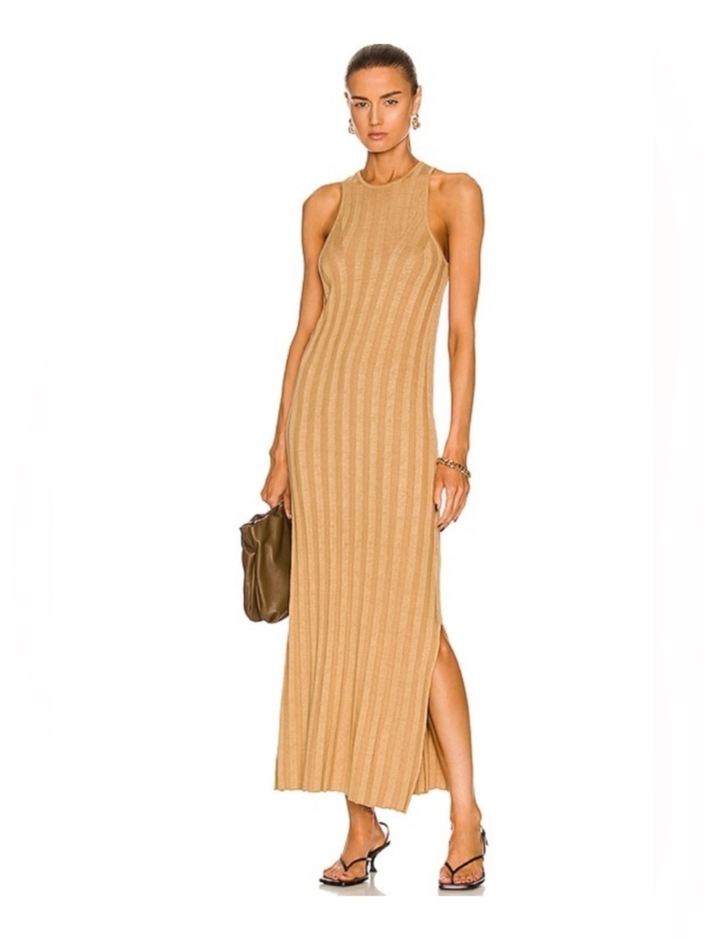 Loulou Studio beige ribbed knit sleeveless midi dress